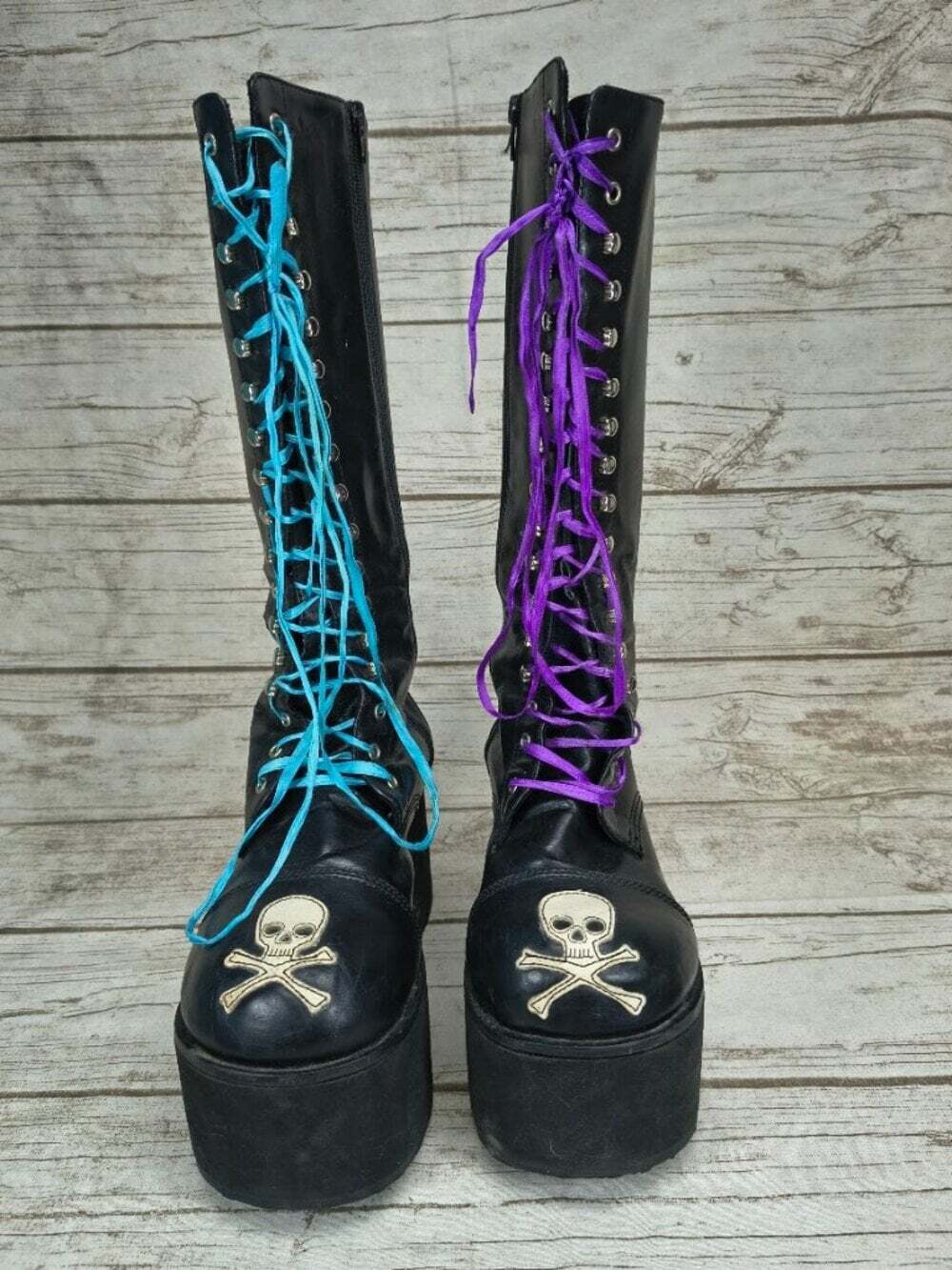 Demonia Black Skull Platform Knee High Lace Up Boots 27.5cm Outsole